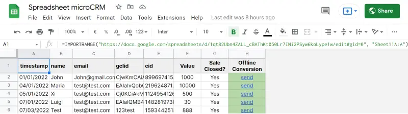 example of google spreadsheet with importrange